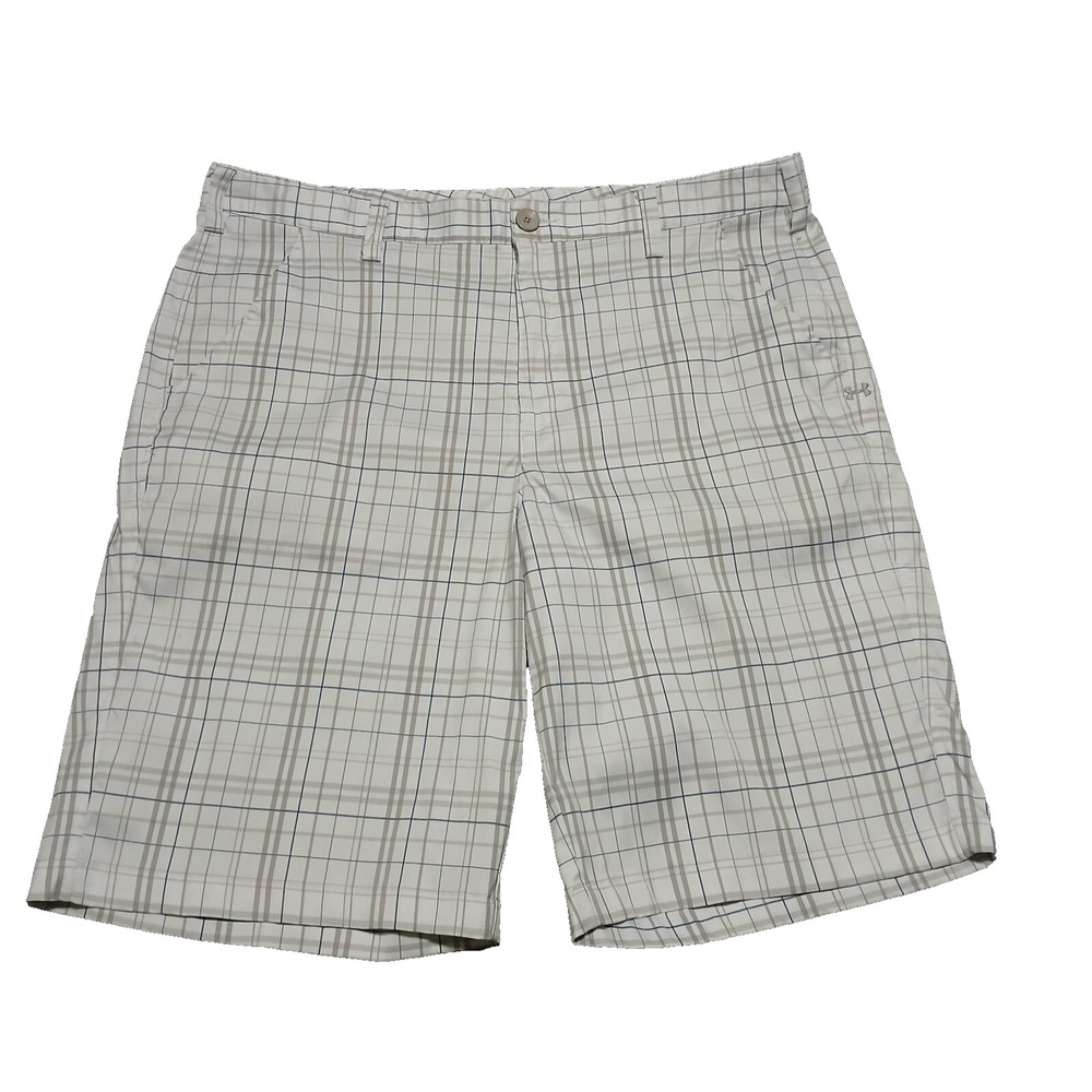 Under Armour Shorts Performance Mens 38 White‎ Plaid Chino Flat Front Golf
